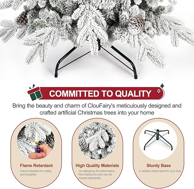 7.5 FT Snow Flocked Slim Fir Christmas Tree with 1424 PE & PVC Mixed Branch Tips,Unlit Artificial Skinny Pencil Xmas Tree with 40 Pine Cones,Hinged Premium Xmas Trees for Home,Office,Party Decoration