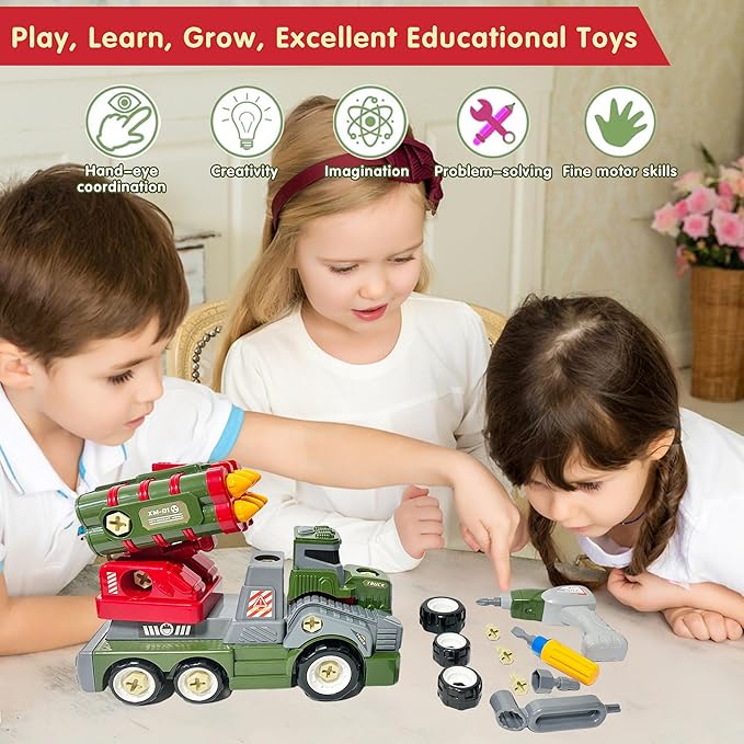 11inches Large Take Apart Army Toys for Boys Girls Kids 3-5 6-8 Year Old Missile Katyusha Rocket Trucks with Electric Drill Assembly Toy Set Gifts