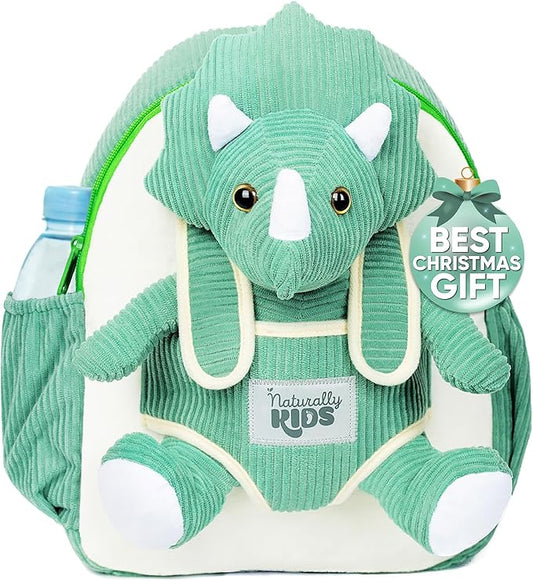 Naturally KIDS Green Dinosaur Backpack for Boys 4-5, Triceratops Dinosaur Gifts for 4-5 Year Old Boys, Girls, Toddler Backpack