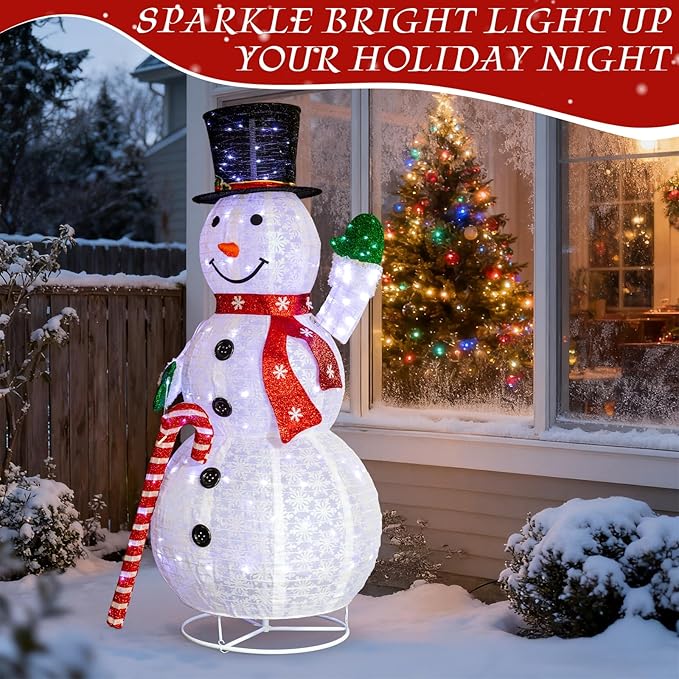 Snowman Outdoor Christmas Decorations with 120 LED Lights, 4ft Lighted Snowman with Metal Stand, Holiday Ornaments Xmas Decor for Home Porch Patio Yard Party (White with Candy Cane, 5.7 FT)
