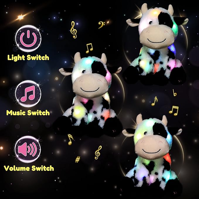 Hopearl LED Musical Stuffed Smile Cow Lighting Up Singing Plush Toy Adjustable Volume Lullaby Animated Soothe Birthday Festival for Kids Toddler Girls, 11'