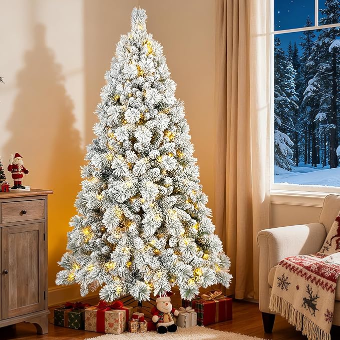 7.5 FT Pre-Lit Snow Flocked Slim Fir Christmas Tree with 1424 PE & PVC Mixed Branch Tips,Artificial Skinny Pencil Xmas Tree with 900 Warm-White Lights & 40 Pine Cones,Hinged Pine Tree with Metal Stand