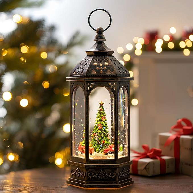 12.8'' Christmas Snow Globe, Santa Train Will Rotate Around The Christmas Tree with Musics Swirling Glitter Water Lantern Decoration for Home, Battery Operated or USB Powered