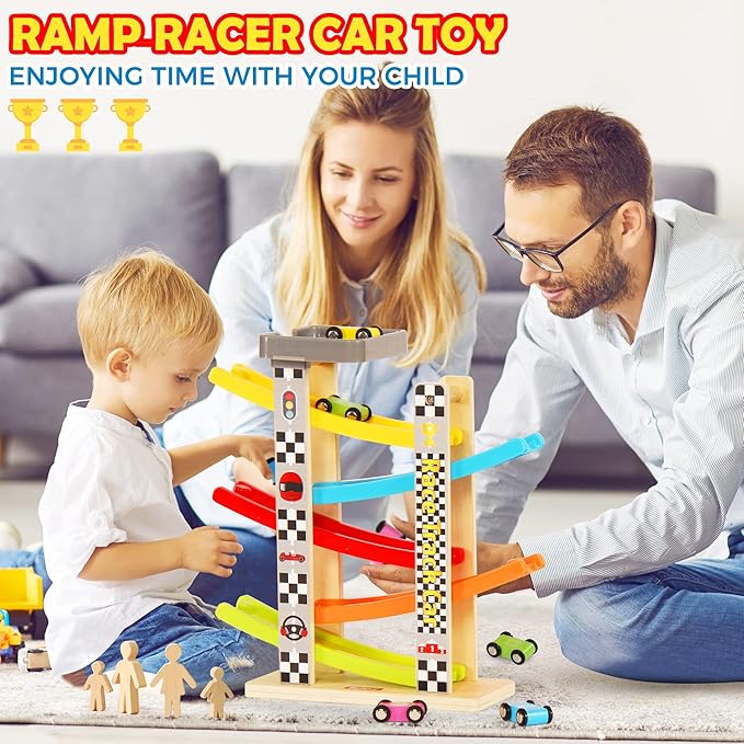 Montessori Toy for 1-3 Years Old Boys and Girls, Kid Race Track Car for Toddlers with 5 Mini Cars & 5 Ramps, Wooden Montessori Car Ramp Toy Set for Babies' Birthday Gifts, Visit Gifts