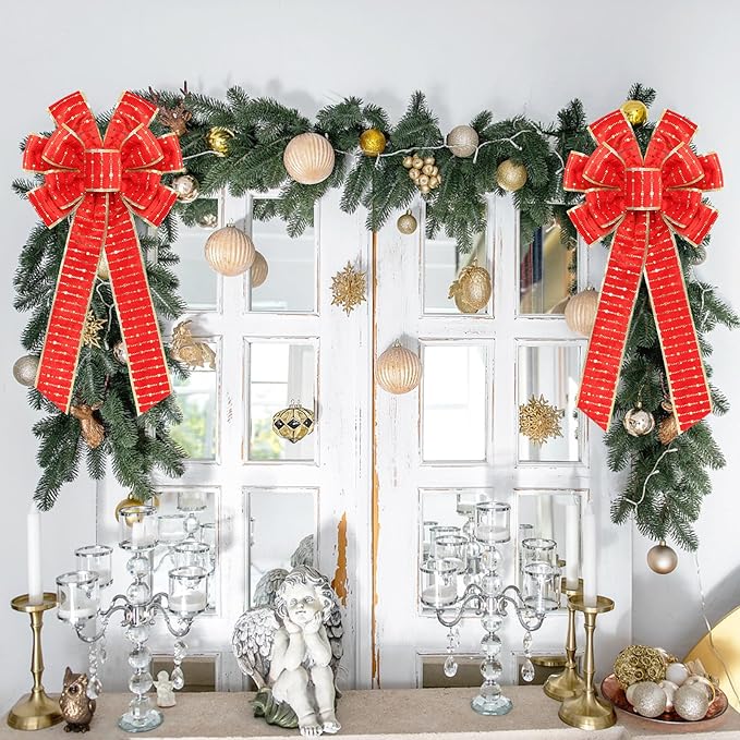 2PCS Red/Gold Velvet Christmas Bows with Gold Shiny Patches - 11"x19.6" Holiday Decor for Tree Topper Wreaths Door Windows Fireplace Fence Porch Gifts Parties Indoor/Outdoor Decorations