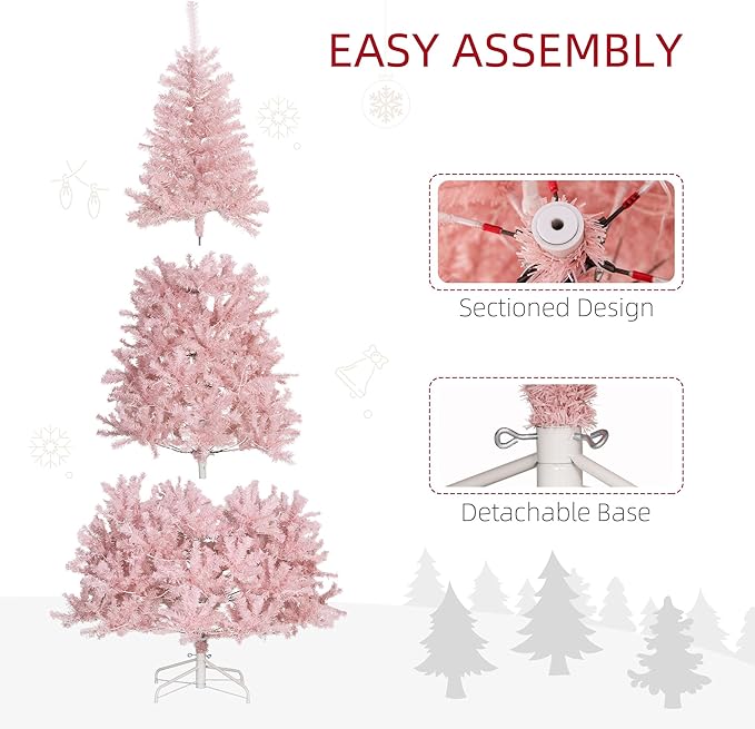 HOMCOM 7.5' Tall Prelit Christmas Tree Douglas Fir Artificial Christmas Tree with Realistic Branches, 500 Warm White LED Lights and 1346 Tips, Pink