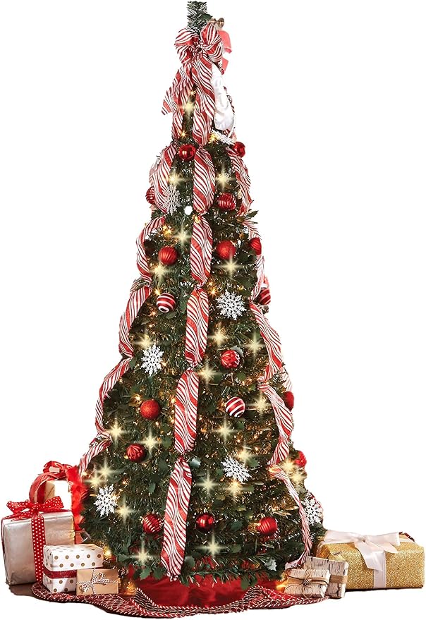 BrylaneHome 7.5 Ft Fully Decorated Pre-Lit Pop-Up Christmas Tree with 450 Warm Lights & Included Stand, Collapsible, Easy Assembly - Red White