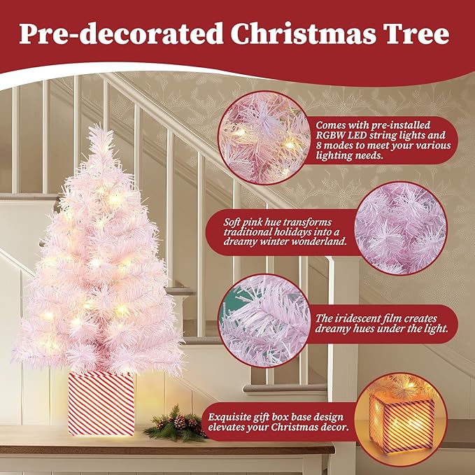 Brightever 2FT Small Christmas Tree, Prelit Pink Mini Christmas Tree with 50 Multi-Color LED Lights, Unique Gift Box Base, Battery Powered Little Xmas Tree for Bedroom