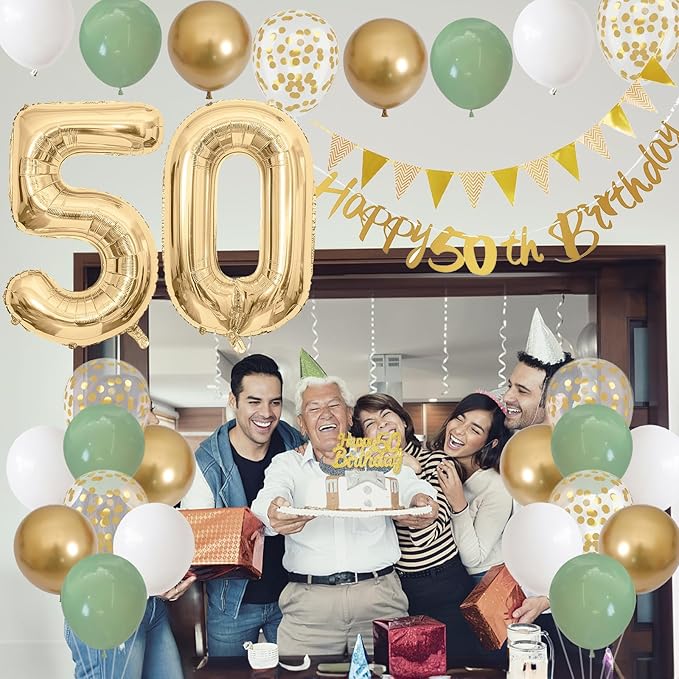50th Birthday Decorations for Men Women, Sage Green White Gold Balloons with 50th Banner Number 50 Balloon for 50 Year Old Birthday Party Decor
