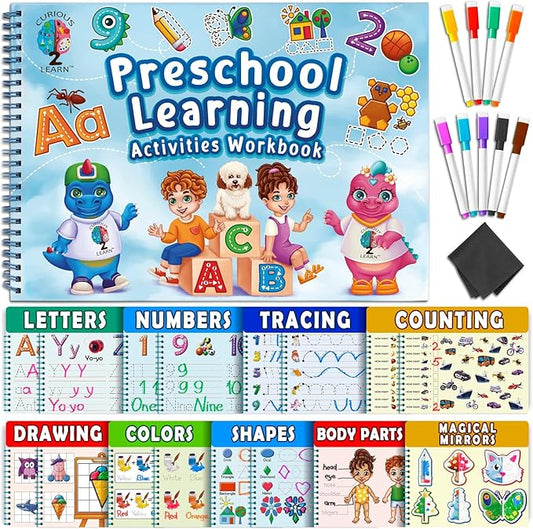 Curious 2 Learn Toddler Preschool Learning Activities | Handwriting Practice for Kids | Workbook Learning Resources| Tracing Kindergarten Workbooks | Busy Book | 4 Year Old Boy Birthday Gift | Blue