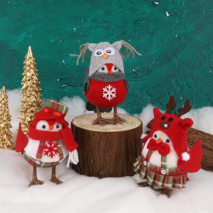 3 Pack 6 Inch Christmas Table Decorations - Small Bird Figurines, Red Cute Xmas Ornaments for Table Top, Desktop, Mantel, Kitchen Decor, Holiday, Winter Party Gifts