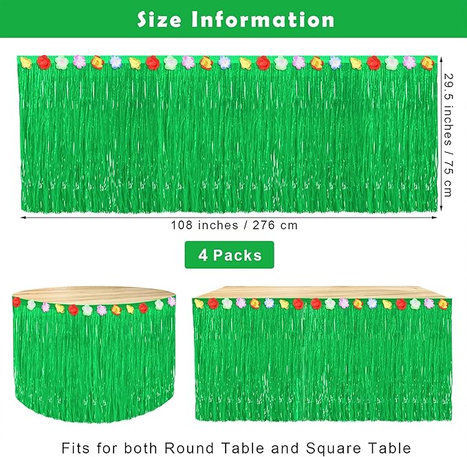 Fovths 4 Pack Luau Grass Table Skirt Natural 9 Feet x 29.5 Inch Hawaiian Table Skirt for Tropical Hawaiian Party Decorations Luau Party Costume Party, Green