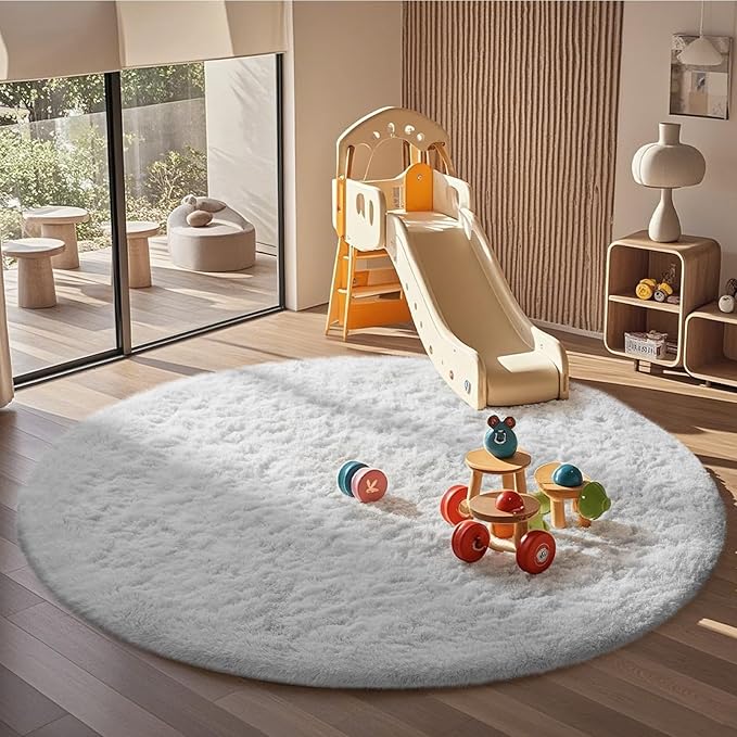 Ophanie Round Rug 6Ft White Circle Area Rug, Aesthetic Room Decor, Fluffy Fuzzy Bedroom Carpet, Plush Soft Shaggy Living Room Rugs for Kids Home Decor, Nursery