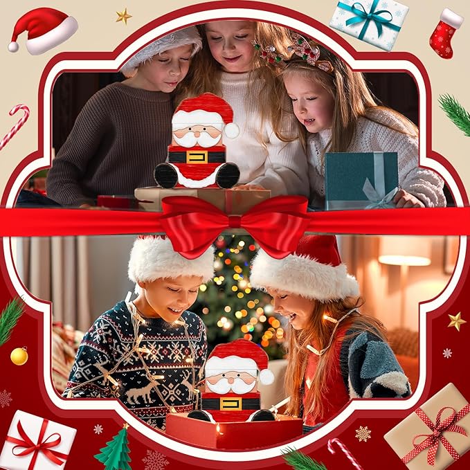 Britimes 4 Pcs Christmas Santa Table Decor Christmas Tiered Tray Decorations Set Santa Stack Block Signs Gift Rustic Farmhouse Tabletop Decor for Table & Home Office