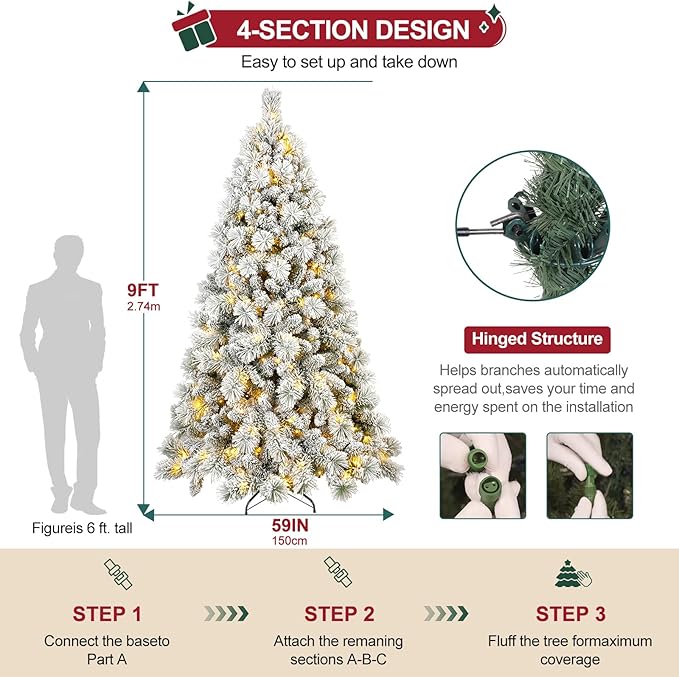 Flocked Christmas Tree 7ft, Premium Prelit Christmas Tree - Trees with Lights-White Snow Flocked Pre-lit Trees