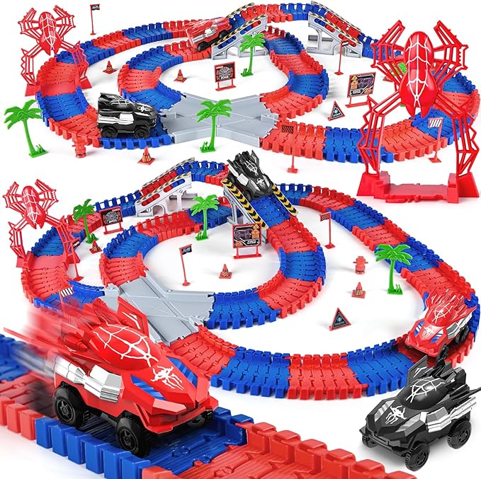 Spider Toys for Boys 4-6, with 2pcs Spider Cars and 1pcs Stand-Spider for Kids Toddler, 212 Pcs Race Track, 3 4 5 6 7 8 Year Old Boys Girls Birthday Party Favor Gift