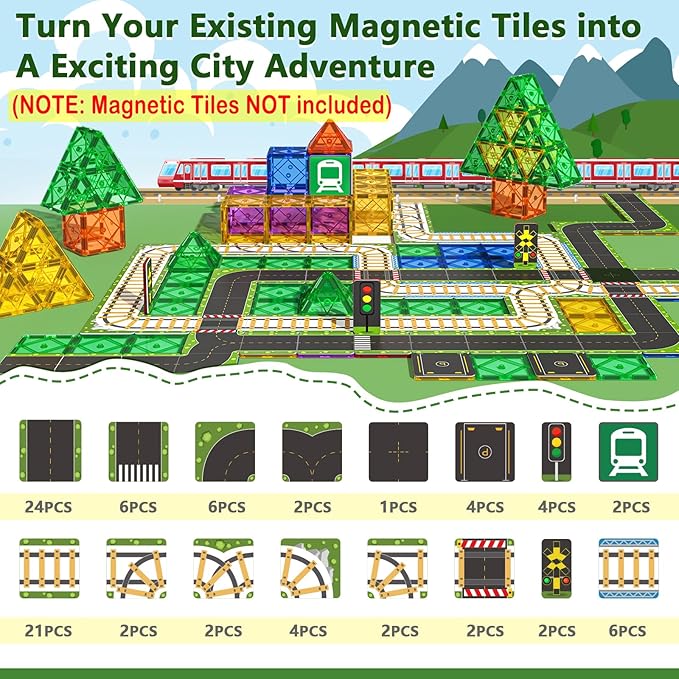 90PCS Magnetic Tile Road Toppers (Magnetic Tiles NOT Included) Kids Toys Magnetic Tile Accessories Creative Add-on Activity City Traffic Network Playset Sensory Play Toy Gifts for Kids Age 3 4 5 6 7