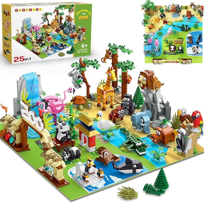 HOGOKIDS 25 Animals Zoo Building Set with Play Mat - 8 Pack Zoo Scene modules Building Blocks Toy for Party Favors Goodie Bag Classroom Prizes Fillers Birthday Gifts for Kids Boys Girls 6+ (1460PCS)