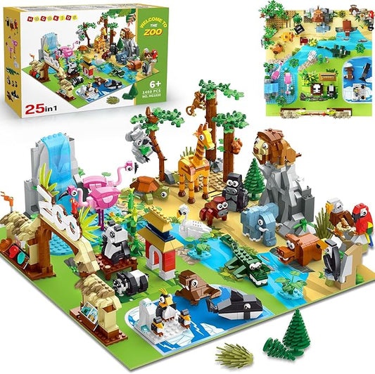 HOGOKIDS 25 Animals Zoo Building Set with Play Mat - 8 Pack Zoo Scene modules Building Blocks Toy for Party Favors Goodie Bag Classroom Prizes Fillers Birthday Gifts for Kids Boys Girls 6+ (1460PCS)
