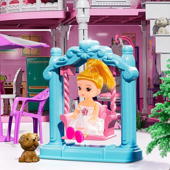 4-Storey House for Girls Ages 3-7, Villa Playset with 2 Dolls and 12 Room, Furniture and Accessories, Pretend Indoor Playset Toddler Toys, Birthday Girls Toys for Ages 4-8 6-8