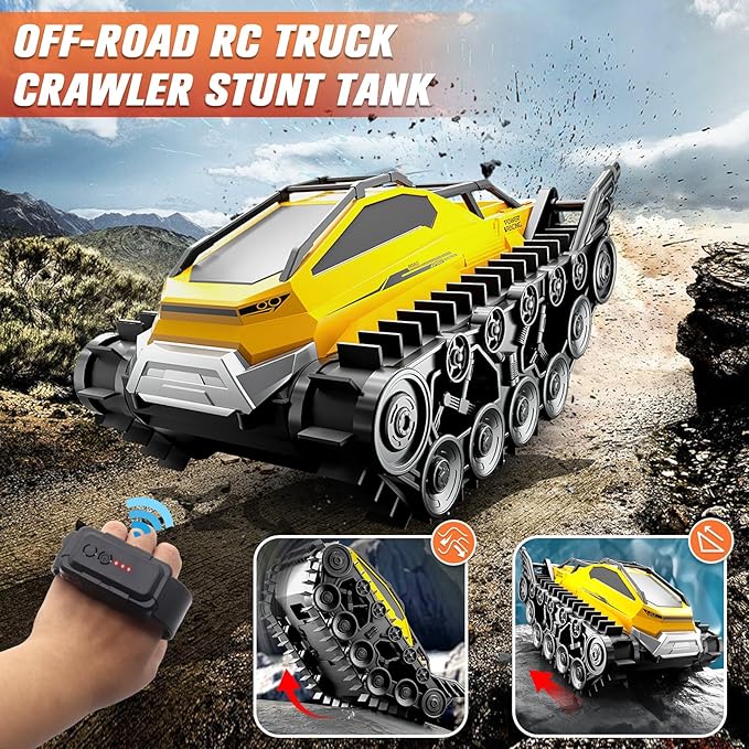 Fistone Amphibious Remote Control Car, 2.4Ghz All-Terrain Truck with Gesture Sensing, 360° Rotating RC Tank Crawler Waterproof Off-Road Car, Boat for Kids Boys