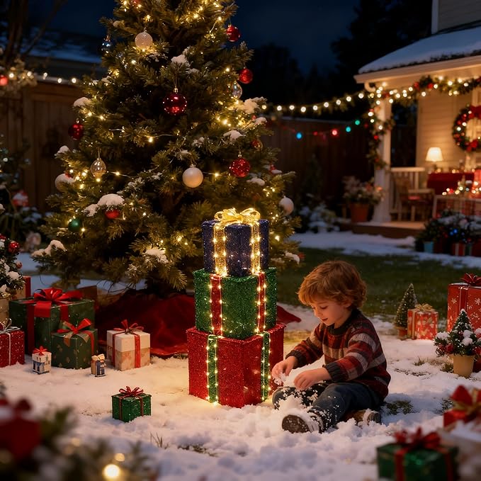 Set of 3 Christmas Lighted Gift Boxes - Pre lit Presents Christmas Boxes with Different Sizes for Holiday Indoor Outdoor Decoration (Warm White, Small)