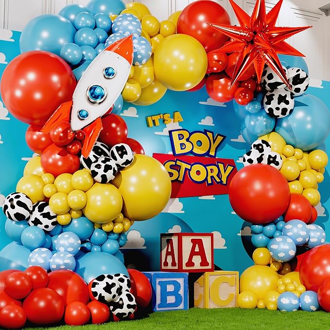 ALL-IN-1 Toy Story Balloons Arch Kit for It's A Boy Story Baby Shower Decorations Theme – Toy Story Balloon Garland Kit with Cloud & Cow Toy Story Balloons for First Toy Story Birthday Party Supplies
