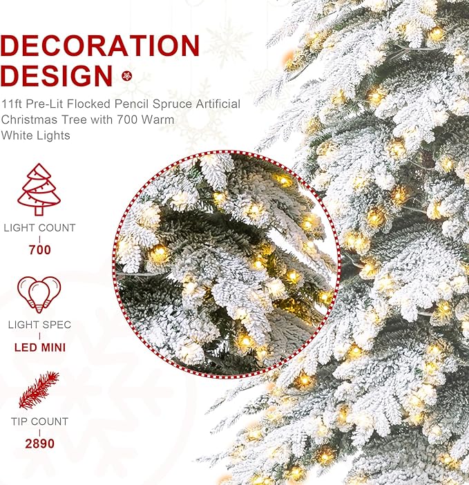 Glitzhome 11ft Prelit Christmas Tree, Artificial Christmas Tree with 700 Warm White Lights, Flocked Pencil Tree Chicago Frostwood Spruce Xmas Tree w/2890 PE&PVC Branch Tips and Sturdy Metal Stand