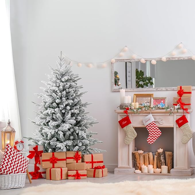 GOFLAME 4.5ft Pre-Lit Christmas Tree Snow Flocked, Hinged Artificial Xmas Tree with 436 Branch Tips, 160 Multi-Color LED Lights, 8 Lighting Modes, Holiday Decoration Tree for Home Office Party