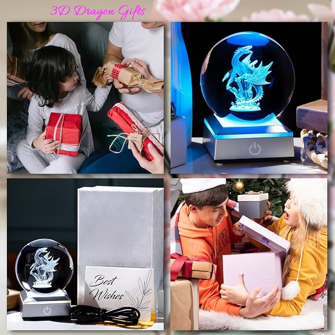 3D Dragon Crystal Sphere Gifts for Women Men Kids with Colorful LED Light Base 3.15 inch, Dragon Night Light for Boy Girl Xmas Cool Dragon Figurines Home Decor