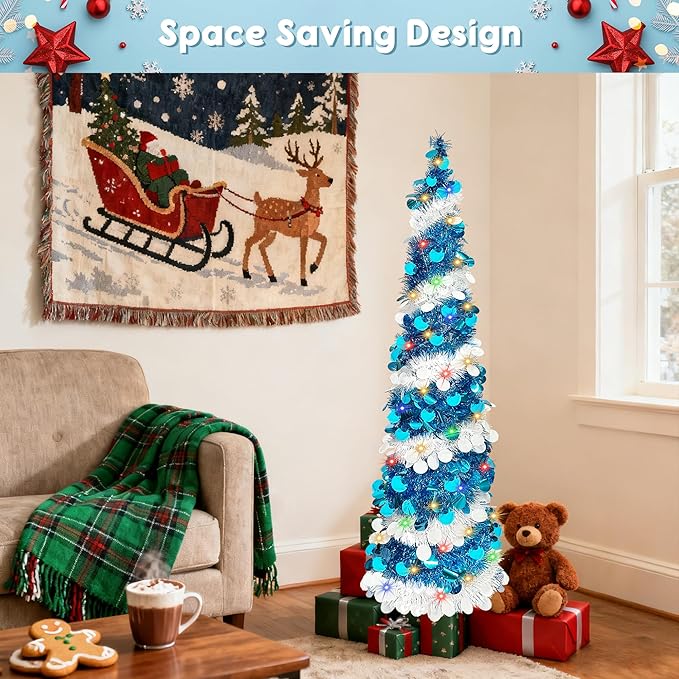 Pop Up Christmas Tree, 5FT Collapsible Artificial Blue Christmas Trees with 90 LED Lights, Tinsel Small Pencil Christmas Tree for Home Holiday Fireplace Party Indoor Outdoor Xmas Decorations