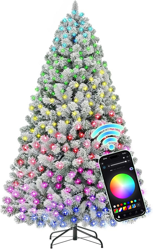 HOLLO STAR 6 ft Flocked Prelit Christmas Tree with 350 LED Lights, App Control, Artificial Christmas Tree, Multi-Color RGBW Lights, 947 Branch Tips, Snow Xmas Tree, for Home, Party