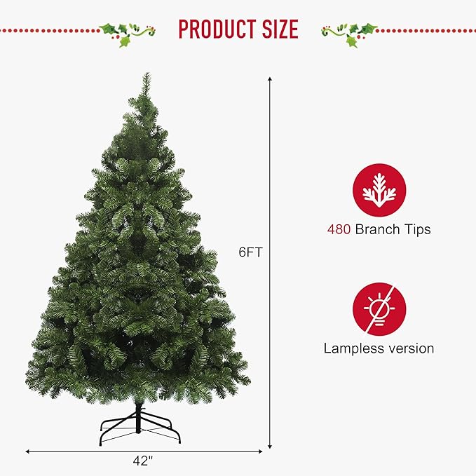 6ft Artificial Christmas Tree,Premium Unlit Hinged Xmas Pine Tree, Easy Assembly with Foldable Metal Stand for Holiday Decoration,Flame Retardant PVC Branches for Home, Party