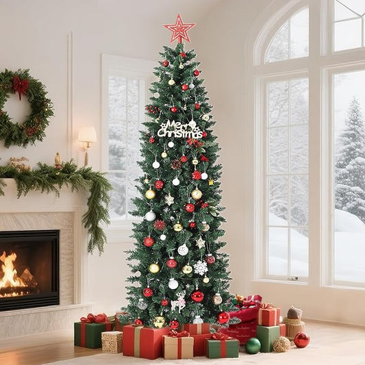 9FT Christmas Artificial Pencil Tree with Dual-Color LED Light, PVC, Mixed Flocked Pencil Tree, Natural Color Holiday Decoration