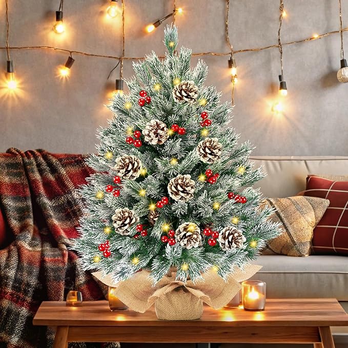 [ 8 Modes & Timer] 24 Inch Realistic Snowy Tabletop Christmas Tree Small Christmas Tree with 50 Warm Lights Battery Operated Red Berries Pine Cone Burlap Base Indoor Home Table Christmas Decorations