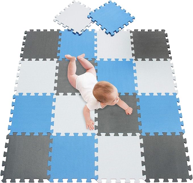 meiqicool Foam Play Mat Thick Soft EVA Interlocking Foam Floor Mats Children Yoga Exercise Multi Jigsaw Puzzle Blocking Board Kids Playmats Play White-Blue-Grey 18 Piece AGL