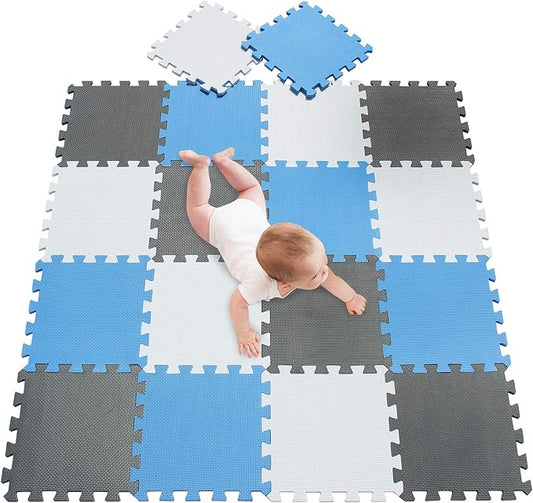 meiqicool Foam Play Mat Thick Soft EVA Interlocking Foam Floor Mats Children Yoga Exercise Multi Jigsaw Puzzle Blocking Board Kids Playmats Play White-Blue-Grey 18 Piece AGL