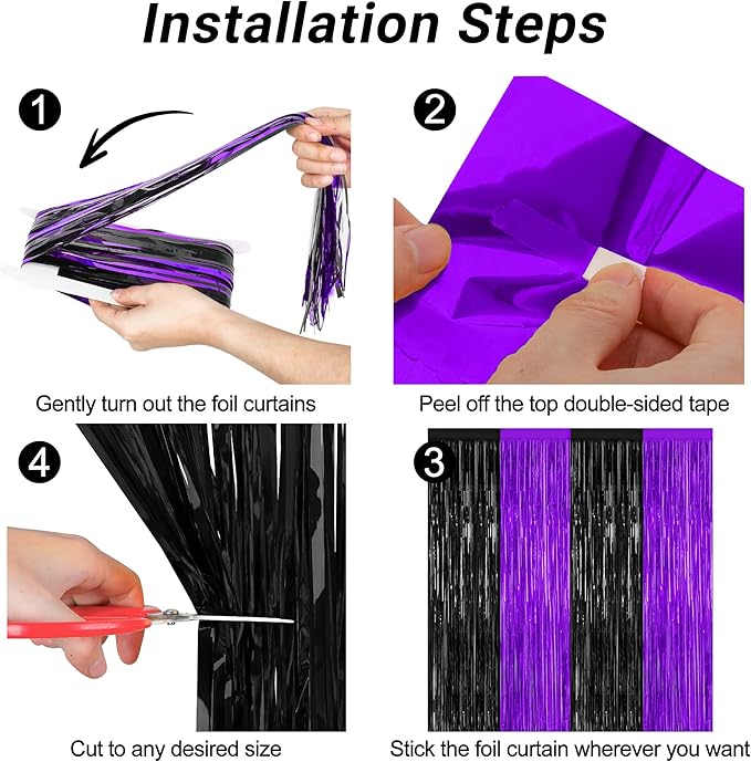 2 Pack Halloween Decor, 3.28 FT x 7.05 FT Purple and Black Foil Streamer, Metallic Fringe Curtains Tinsel Backdrop Party Streamer, Indoor Halloween Decorations Party Supplies Photo Booth Props