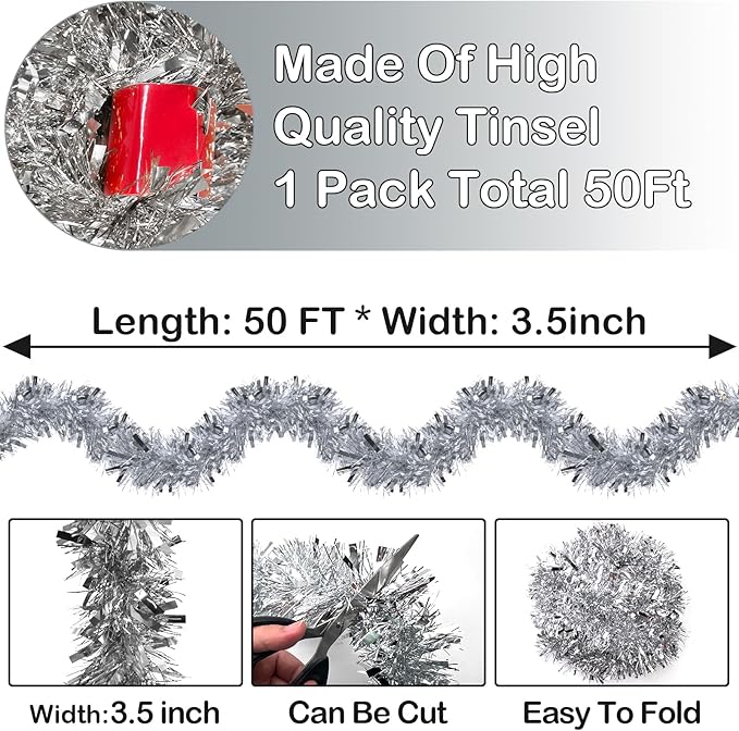 50FT Silver Christmas Tinsel Garland - Metallic Tinsel Twist Garland for Christmas Tree Decorations, Xmas Tree Decor Home Indoor Holiday Party Supplies