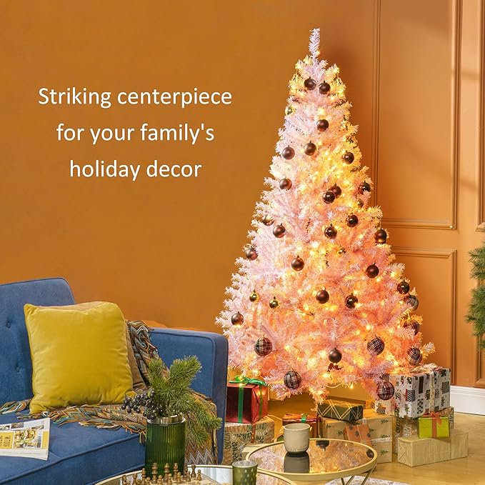 HOMCOM 6' Tall Prelit Christmas Tree Douglas Fir Artificial Christmas Tree with Realistic Branches, 250 Warm White LED Lights and 1000 Tips, Pink