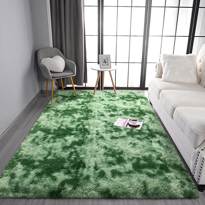 Pettop Fluffy Shag Area Rug, 4x6 Tie-Dyed Plush Fuzzy Rugs for Living Room, Ultra Soft Shaggy Rugs for Bedroom, Non-Slip and Washable Indoor Carpet for Girls Kids Room Home Decor, Light Green