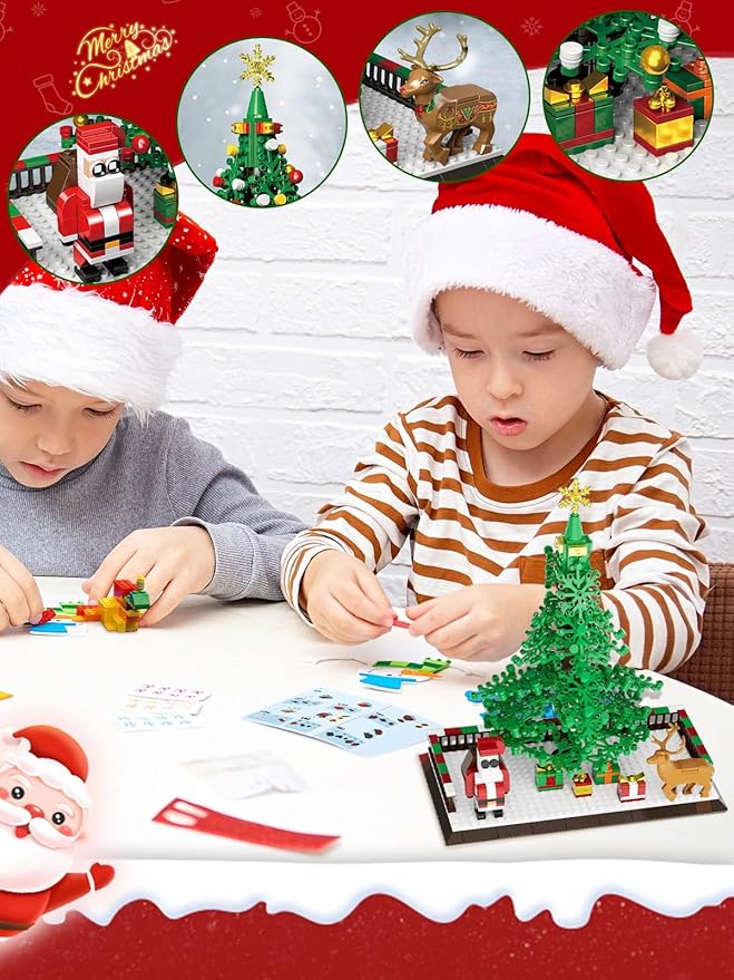Christmas Tree Building Blocks, Christmas Decorations Set with Santa Claus & Reindeer, Creative Tabletop Decor Xmas Gifts Toys for Kids Adults Teen Boys & Girls