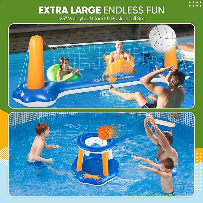 10.4' Larger Pool Volleyball Set & Basketball Hoop - 2024 NEW Pool Volleyball Net for Inground Pools Includes 2 Balls & 2 Weight Bags, Pool Toys Games for Adults and Family Party - Idea Summer Gift