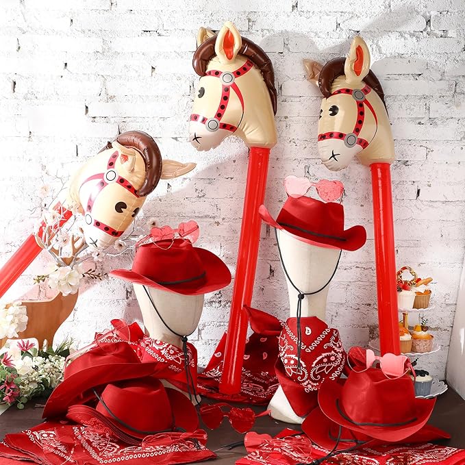 Xtinmee 48 Pcs Kids Cowboy Party Favor with Cowboy Hats Inflatable Stick Horses Bandanas Heart Glasses for Kid Costume(Red)