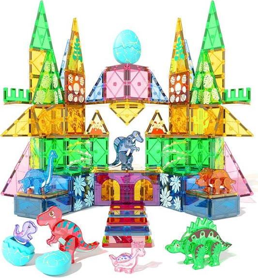 Dinosaur Toys Magnetic Tiles Set - 2 Eggs, 2 Baby Dinos & 5 Large Dinosaurs for Kids 3-5, 105pcs Magnetic Building Blocks for Toddlers 1-3 4-8，Magnet Tiles Educational Toy for Boys Girls