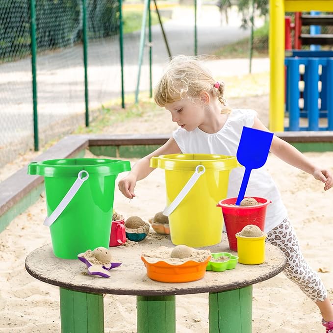 4E's Novelty 6 Pack 7.5" Beach Buckets and Shovels for Kids Bulk - Strong Large Sand Bucket for Toddler Beach Toys for Kids 3-10, SandBox Toys