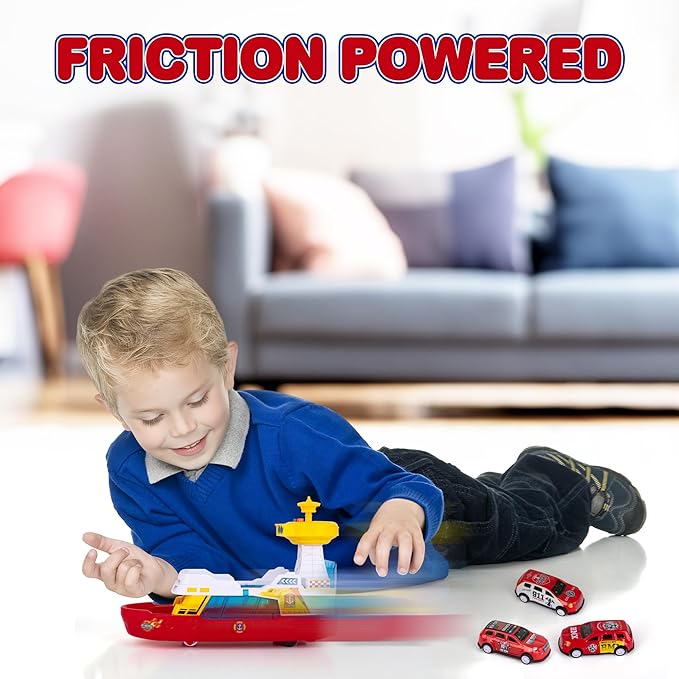 ArtCreativity Light Up Boat Toy with Sounds - Colorful Fire Dept Model Ship with Wheels & 3 Alloy Metal Cars - Kids Ferry Boat for Imaginative Play - Kids Birthday Gift Party Favor