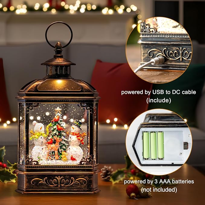 Christmas Snow Globes Lantern Christmas Snow Globe with Music Snowman and Christmas Tree,6H Timer,USB Lined/Battery Operated Lighted Lantern for Christmas Festival Decoration Gifts
