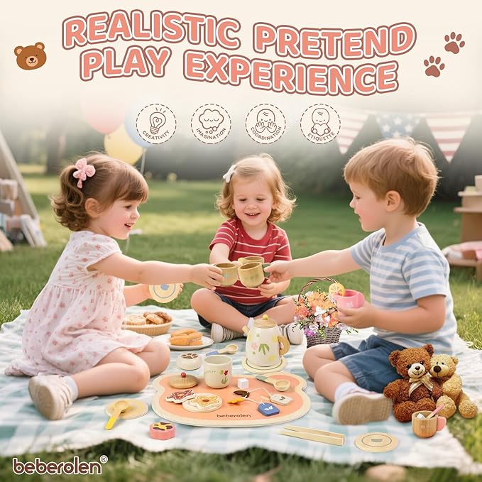 Tea Party Set for Toddlers 3-5 Girls Boy Birthday Gift Pretend Play Food Wooden Picnic Outdoor Toys Kids Age 2 3 4 5 6 Educational Wood Toy