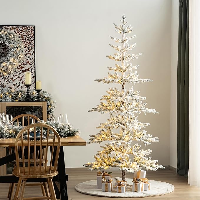 Glitzhome Flocked Christmas Tree, 7ft Pre-Lit Artificial Christmas Tree with 400 Warm White Lights, Deluxe Xmas Serene Snowscape Fir Tree with 1015 PE Tips and Sturdy Metal Stand,Easy Set Up